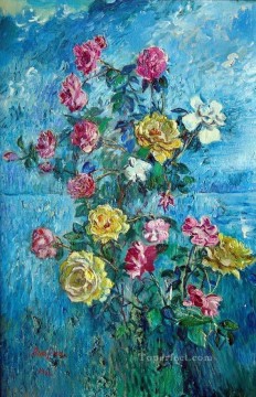  1960 Pintura al %c3%b3leo - rosas con fondo azul 1960 decoración moderna flores